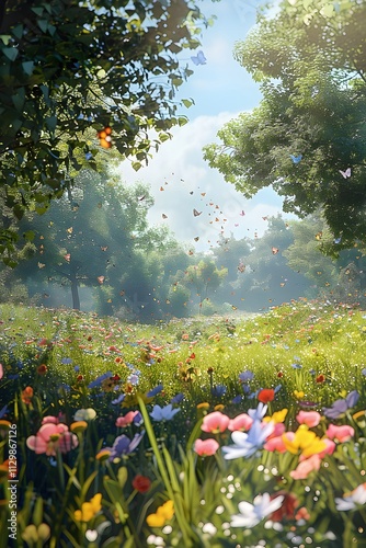 Idyllic D Rendering of a Lush Green Meadow Blooming with Wildflowers on Earth Day Celebrating Natures Beauty and Biodiversity