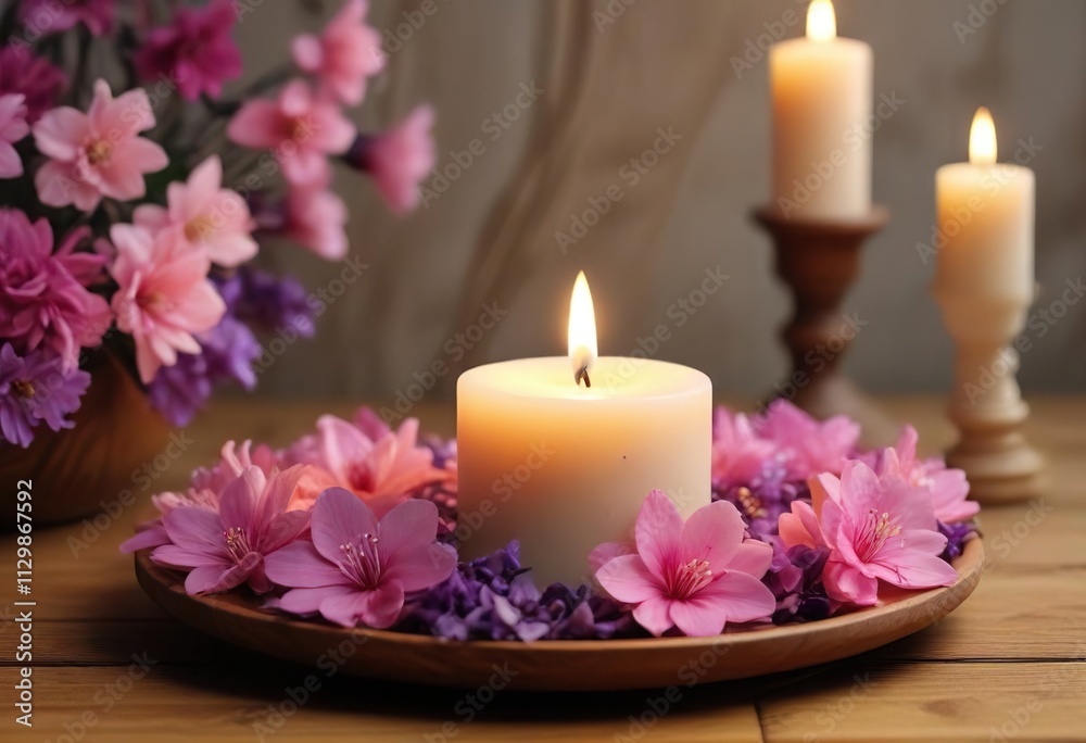 A peaceful light beige candle with pink and purple flower petals is placed on a wooden plate amidst other flowers and candles, tranquil atmosphere, serene scene A peaceful light beige candle with pink and purple flower petals is placed on a wooden plate amidst other flowers and candles, tranquil atmosphere, serene scene