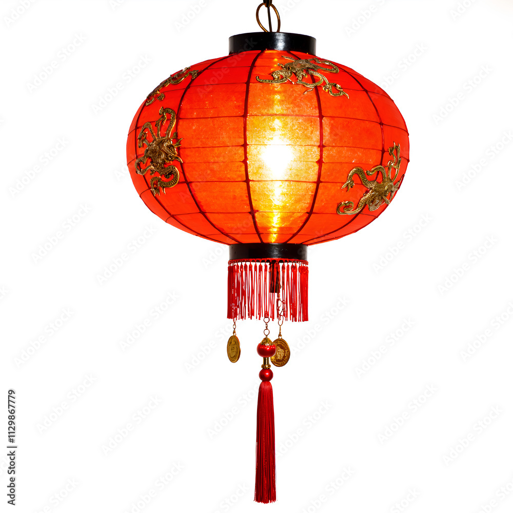 Obraz premium Elegant red lantern illuminating a warm ambiance with decorative elements and tassels, photography of still life concept.