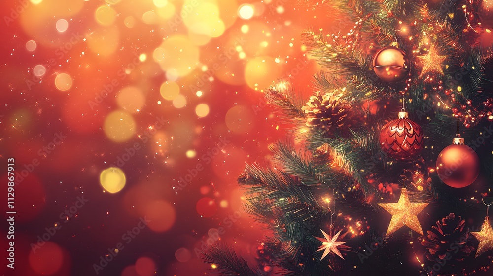 Christmas Tree In Red Shiny Glittering Background - Baubles Hanging On Fir With Abstract Lights,
Christmas Tree In Red Shiny Glittering Background - Baubles Hanging On Fir With Abstract Lights,