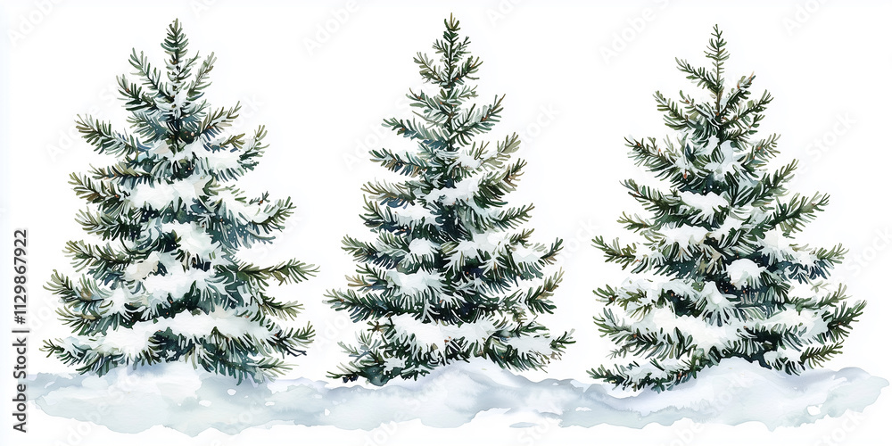 Obraz premium Watercolor pine trees background. Banner with hand painted evergreen forest, isolated. Snow winter wonderland illustration. Watercolor winter evergreen pine trees, isolated on white background. Hand p