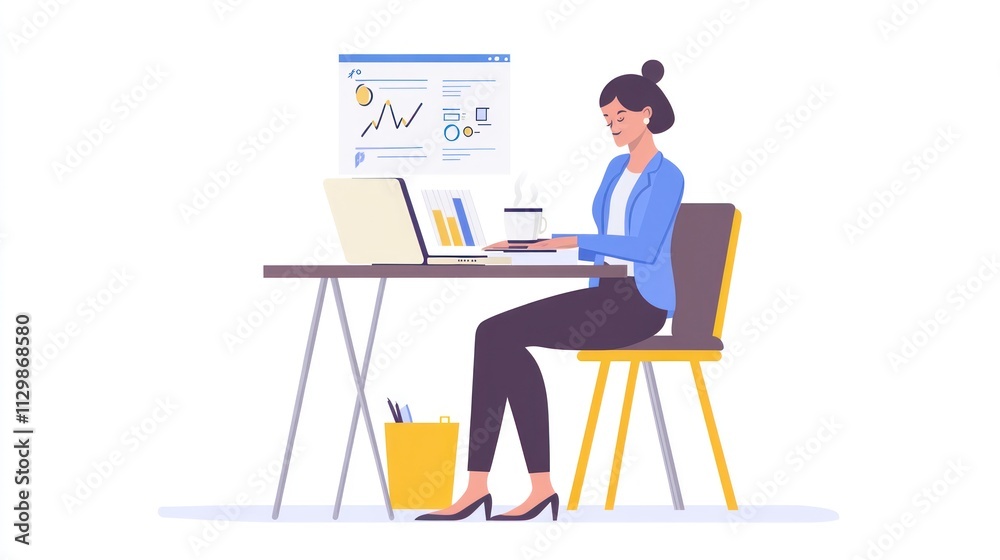 Businesswoman Analyzing Data at Desk with Laptop and Charts Businesswoman Analyzing Data at Desk with Laptop and Charts