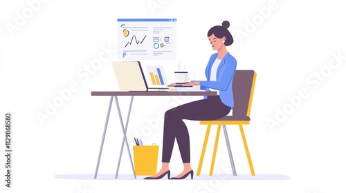 Businesswoman Analyzing Data at Desk with Laptop and Charts