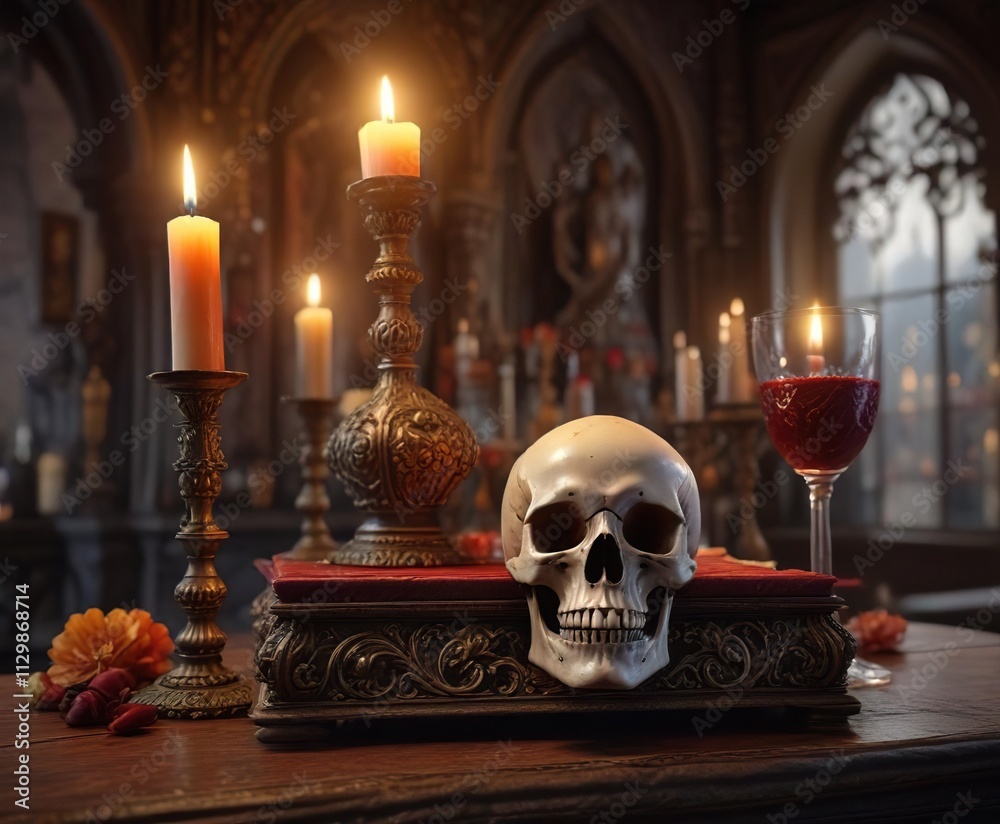 A skull is placed on top of a ornate altar with an unlit candle in front of it and a glass of wine nearby , wine, altar A skull is placed on top of a ornate altar with an unlit candle in front of it and a glass of wine nearby , wine, altar