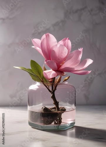 A solitary pink magnolia flower resting in a glass container on a minimalist surface with soft indirect sunlight filtering through the scene , indirect, soft photo