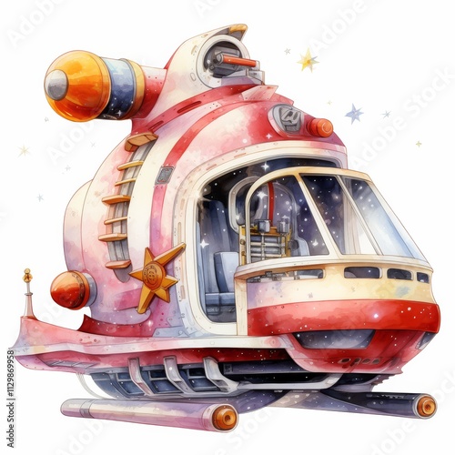 A whimsical, colorful spaceship design with a retro aesthetic, featuring a rounded shape and star decorations, evoking a sense of adventure and imagination. photo