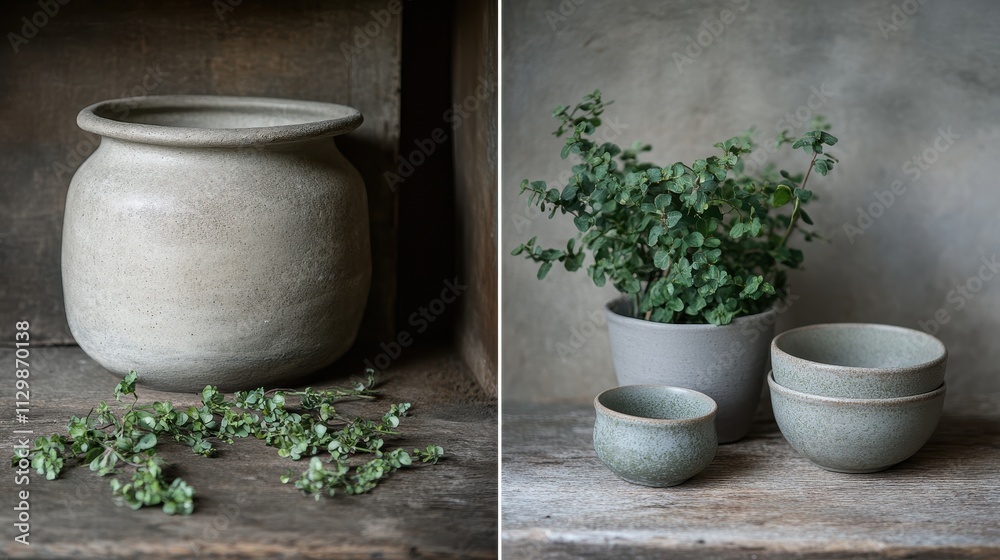 Fototapeta premium Stoneware Pots Herbs Rustic Setting Wooden Background