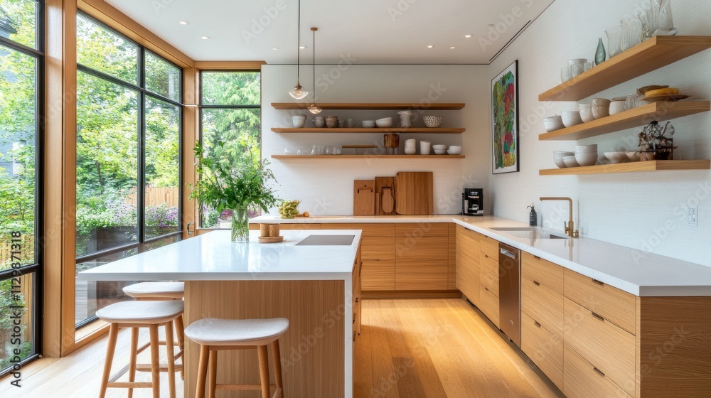 Modern kitchen with island, hardwood floors, and large windows. Modern kitchen with island, hardwood floors, and large windows.