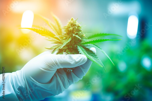 Research scientist showcasing a cannabis-derived pill for disease treatment in a lab setting. photo