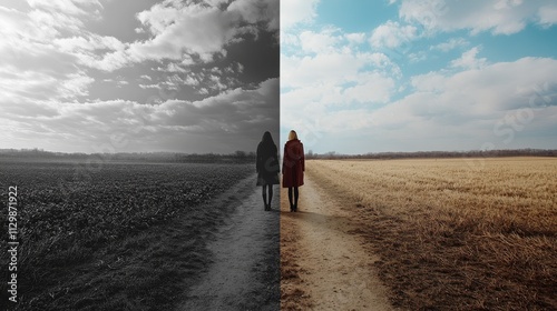 Two women walk along a dirt path in a landscape that transitions from a dark, black-and-white field to a vibrant, colorful one. This symbolic scene reflects a journey or transition from bleakness to