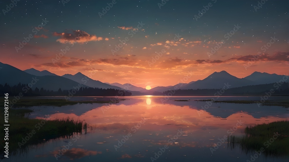 Stunning sunset casts an orange colour on the tranquil mountain lake, with distant mist-covered peaks reflecting in the calm water. Stunning sunset casts an orange colour on the tranquil mountain lake, with distant mist-covered peaks reflecting in the calm water.