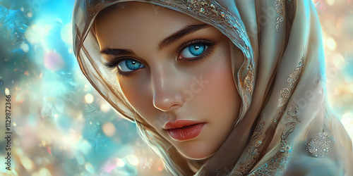 Young Arabian woman in hijab with blue eyes. Yashmak. photo