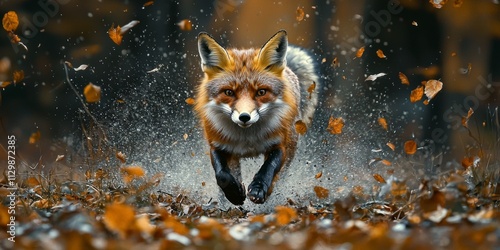 Red Fox Running Through Autumn Forest Leaves Water Splashes photo