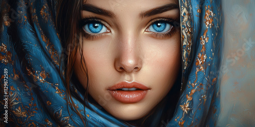 Young Arabian woman in hijab with blue eyes. Yashmak.