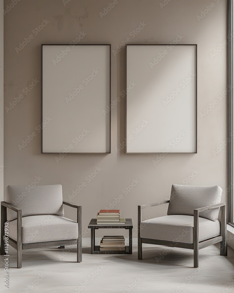 Fototapeta premium Quiet Space with Grey Armchairs, Books, Coffee Table Beneath Two Empty Vertical Frames