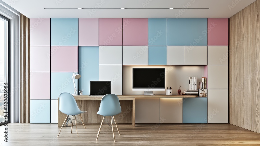 Fototapeta premium Modern pastel workspace with integrated desk and storage