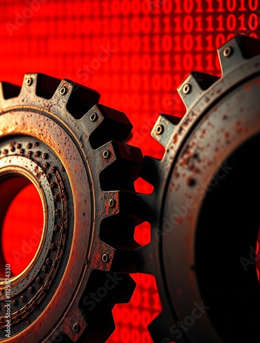 Gears on binary code symbolize rust's efficiency and performance in system programming. photo