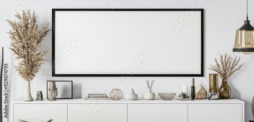 Fototapeta Naklejka Na Ścianę i Meble -  A Simple Ebony Frame is Displayed Over a White Credenza, Leaving Space for Custom Designs or Text.
