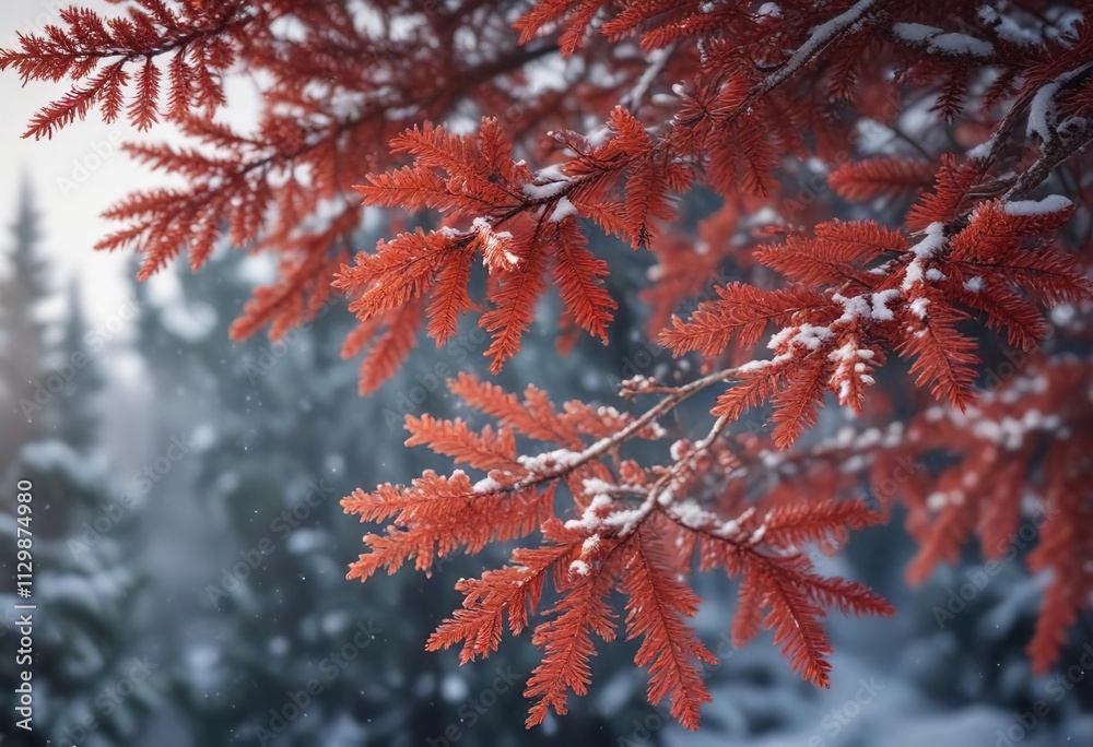 Delicate red fir tree branches with lacy foliage and snowflakes, snowflake pattern, evergreen foliage, Delicate red fir tree branches with lacy foliage and snowflakes, snowflake pattern, evergreen foliage,