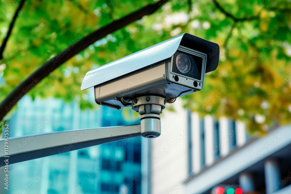 Mounted outdoor camera monitoring street traffic in a residential neighborhood. Mounted outdoor camera monitoring street traffic in a residential neighborhood.
