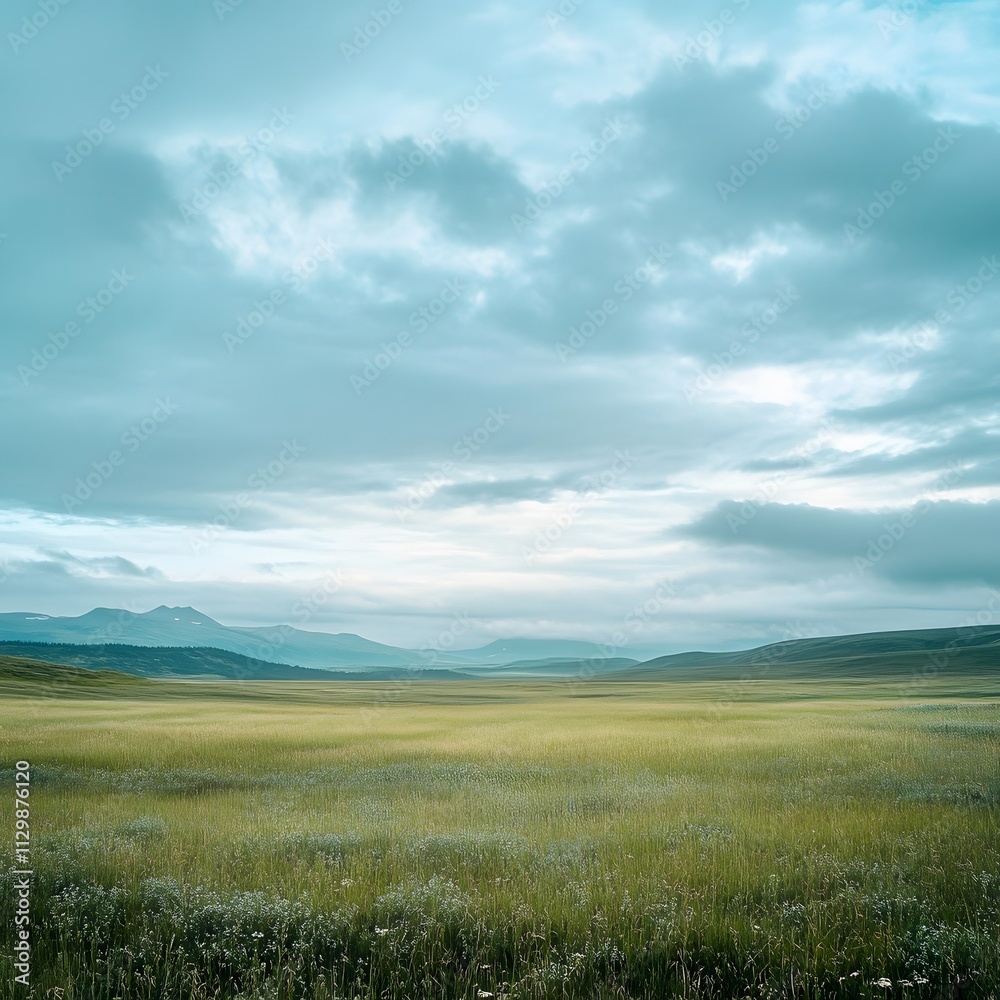Serene landscape of vast green field under a cloudy sky, mountains in the distance. Serene landscape of vast green field under a cloudy sky, mountains in the distance.