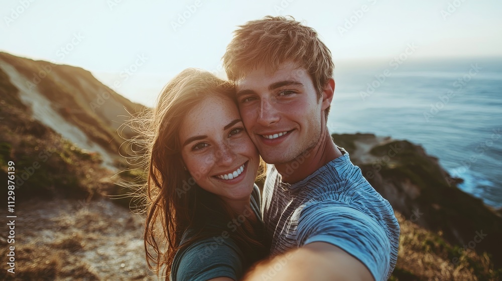 Young Couple Taking Selfies at Scenic Overlook Young Couple Taking Selfies at Scenic Overlook