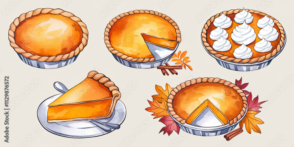 Delicious Autumn Pumpkin Pies Thanksgiving Dessert Sweet Treats Food Illustration Delicious Autumn Pumpkin Pies Thanksgiving Dessert Sweet Treats Food Illustration