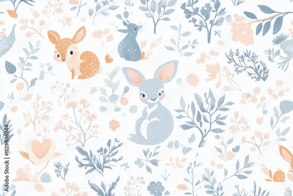 Whimsical fairy tale pattern featuring cute animals and nature elements in a soft color background perfect for children's decor illustrations and textile designs Whimsical fairy tale pattern featuring cute animals and nature elements in a soft color background perfect for children's decor illustrations and textile designs