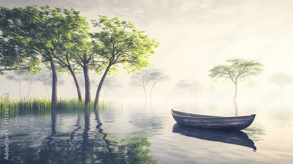 Obraz premium Serene misty lake scene with a small wooden boat near lush green trees.