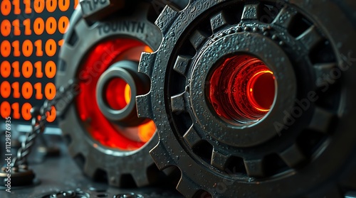 Gears on binary code symbolize rust's efficiency and performance in system programming. photo