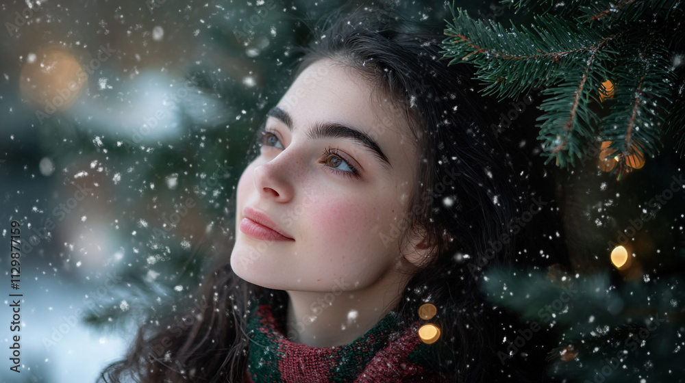 Winter wonderland with serene woman enjoying a snowy Christmas evening Winter wonderland with serene woman enjoying a snowy Christmas evening