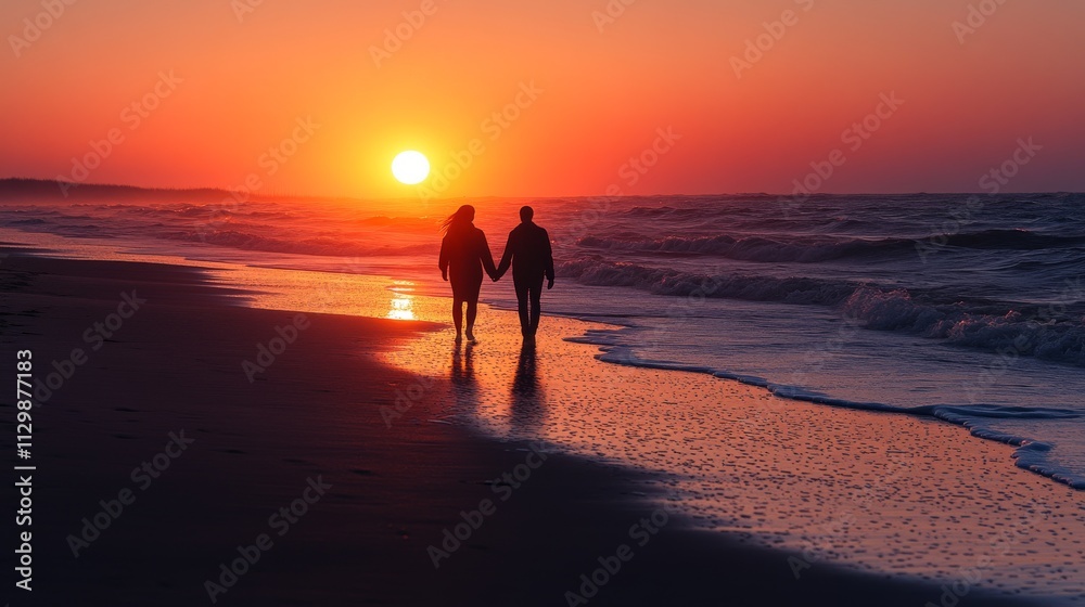 A couple holding hands walks along a sandy beach during a vibrant sunset, with the ocean waves gently lapping the shore. Their silhouettes add a romantic and serene atmosphere to the scene.. AI A couple holding hands walks along a sandy beach during a vibrant sunset, with the ocean waves gently lapping the shore. Their silhouettes add a romantic and serene atmosphere to the scene.. AI