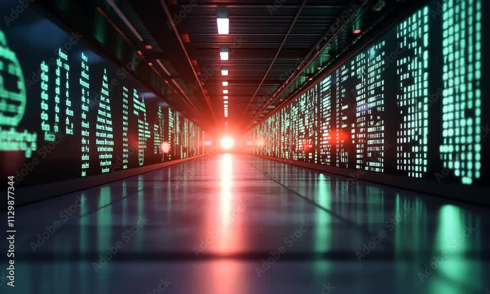 Futuristic server room corridor with glowing data streams. Futuristic server room corridor with glowing data streams.
