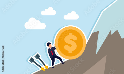 Businessman pushing a dollar coin up a mountain with two arrows threatening from behind, illustration of securing company's financial assets despite many business threats