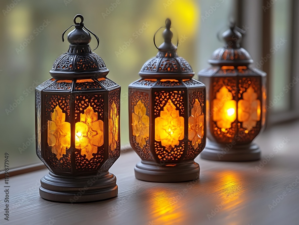 Three Illuminated Moroccan Lanterns Resting on a Windowsill