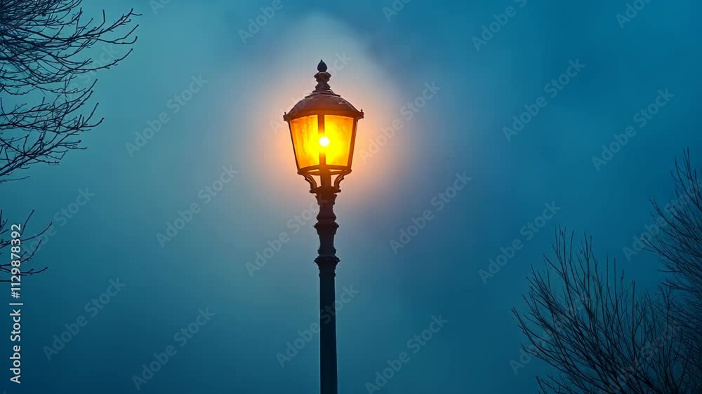 Illuminated Street Lamp Winter Night Atmospheric Dusk Bare Trees Illuminated Street Lamp Winter Night Atmospheric Dusk Bare Trees
