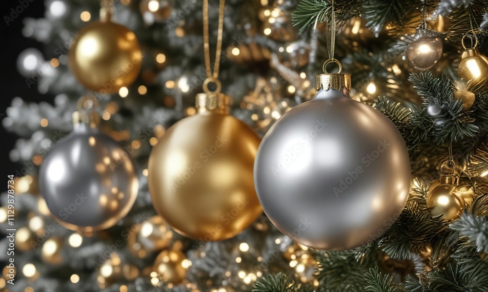 Gold and silver metallic Christmas tree ornaments, christmas tree, tree, radiant
