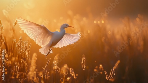 70.A damsel in stunning backlight, floating effortlessly at sunrise over Woldlakebos; her wings glisten in the soft, warm glow, highlighting the peaceful and ethereal atmosphere of the early morning