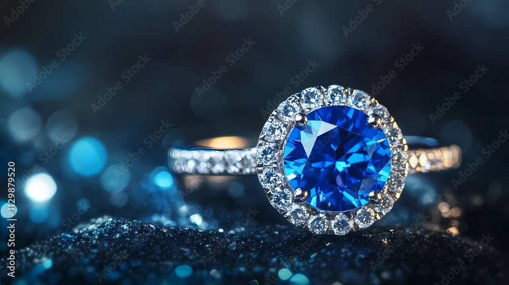Beautiful ring with blue sapphire and diamonds on dark background,. Sapphire. Illustration Beautiful ring with blue sapphire and diamonds on dark background,. Sapphire. Illustration