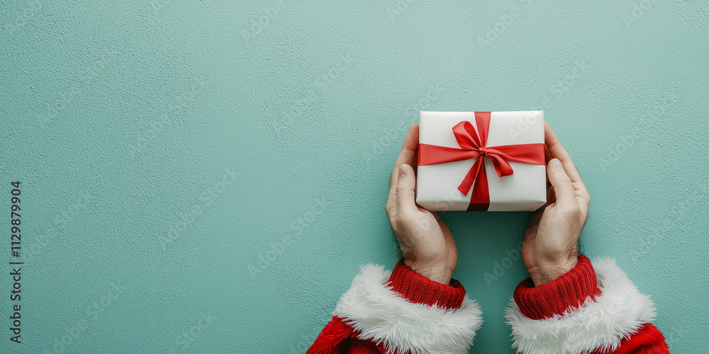 Santa Claus hands holding out a white gift box with a red ribbon on a green background, generative AI Santa Claus hands holding out a white gift box with a red ribbon on a green background, generative AI