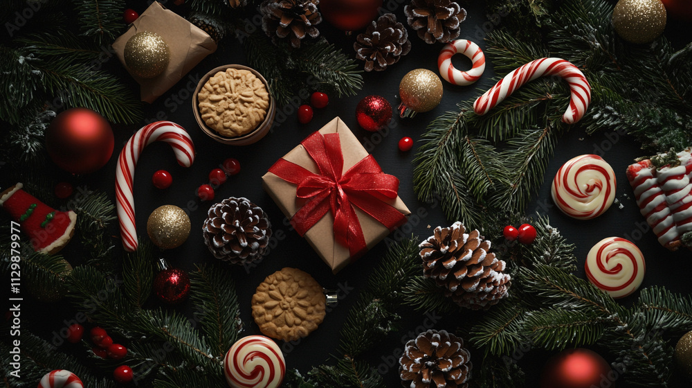 Festive arrangement of gifts and treats capturing the spirit of Christmas celebration Festive arrangement of gifts and treats capturing the spirit of Christmas celebration