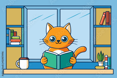 A cat reading a book by a window