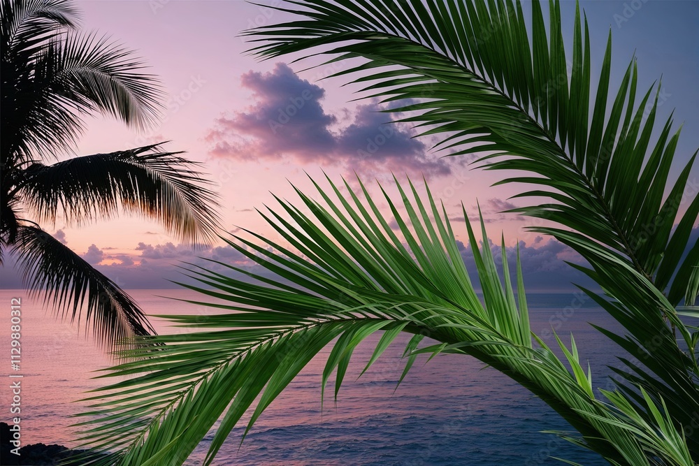 Fototapeta premium Tropical Serenity Palm Leaf Visuals Capturing Dusk Moments