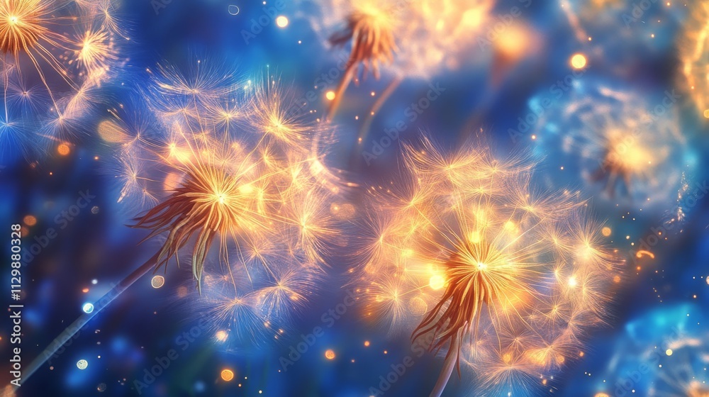 Fototapeta premium 110.Macro close-up of fluffy dandelion seeds illuminated by soft backlight; each delicate thread glows, creating a radiant effect that highlights the intricate details and fragile beauty of the seeds.