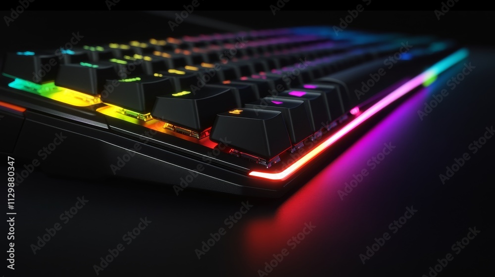 56.Close-up of a gaming keyboard with RGB backlit keys, side view, illuminated in a gradient of neon colors; the soft glow from each key creates a futuristic, immersive feel with a vibrant color 56.Close-up of a gaming keyboard with RGB backlit keys, side view, illuminated in a gradient of neon colors; the soft glow from each key creates a futuristic, immersive feel with a vibrant color