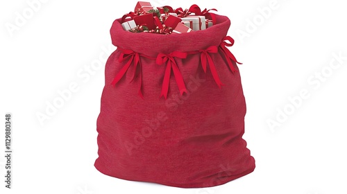 Large red Christmas sack overflowing with presents, isolated on white.