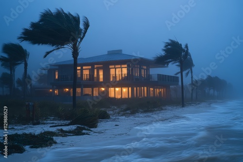 Modern beach house in Florida with palm trees blowing in high winds during Hurricane Daffy at dusk, dramatic weather