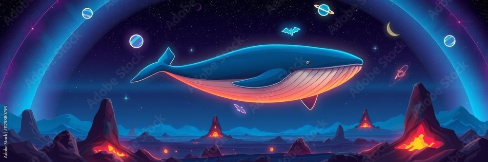 Fototapeta premium Fantasy dream space fairy tale background with huge flying whale, neon sky, alien planet, rocks, craters, glowing lava cartoon vector illustration, background, whale, cartoon