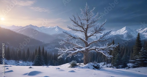 Icy blue and white LED lights wrapped around the branches of a bare fir tree on a snowy mountain landscape, branches, sparkle, snow