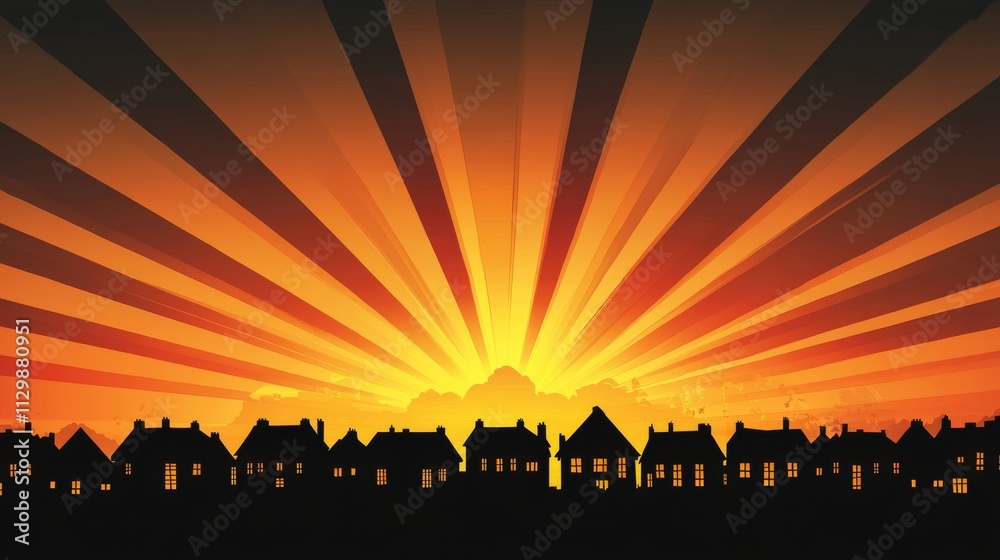 21.Rows of houses in dark silhouette against a vibrant sunset, with golden rays shooting upward, forming distinct lines in the sky; the scene captures a sense of quiet and beauty as daylight fades. 21.Rows of houses in dark silhouette against a vibrant sunset, with golden rays shooting upward, forming distinct lines in the sky; the scene captures a sense of quiet and beauty as daylight fades.